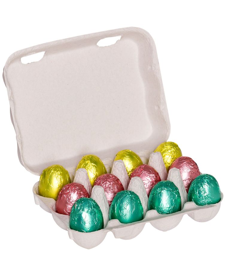 Geöffnete Verpackung Klett Schokoladen Eier 12er Karton